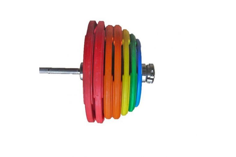 Штанга тренировочная 265 кг V-Sport в комплекте с обрезиненными цветными дисками (Гриф 2200мм, Ø 50мм) фото 1