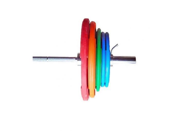 Штанга тренировочная 200 кг V-Sport в комплекте с обрезиненными цветными дисками (Гриф 2200мм, Ø 50мм) 