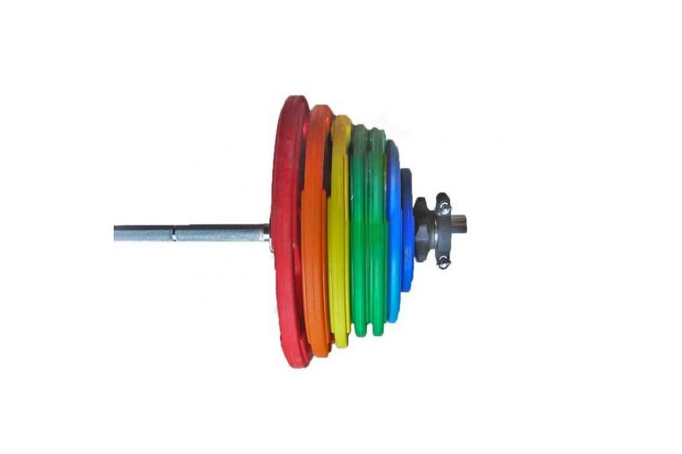Штанга тренировочная 200 кг V-Sport в комплекте с обрезиненными цветными дисками (Гриф 2200мм, Ø 50мм) фото 1