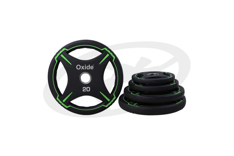 Диск олимпийский, полиуретановый, с 4-мя хватами, цвет черный с ярко зелеными полосами, 5кг Oxide Fitness OWP01 фото 1