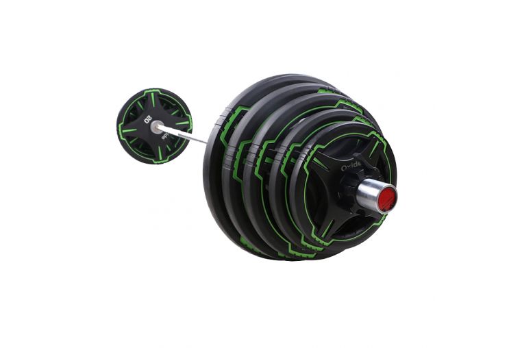 Диск олимпийский, полиуретановый, с 4-мя хватами 25кг Oxide Fitness OWP01 черный с ярко зелеными полосами фото 1